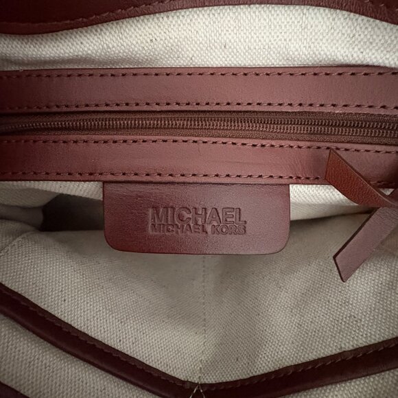 Michael Kors Cream Brown Zebra Canvas Purse Brown Leather Braided Handle New - Picture 10 of 10